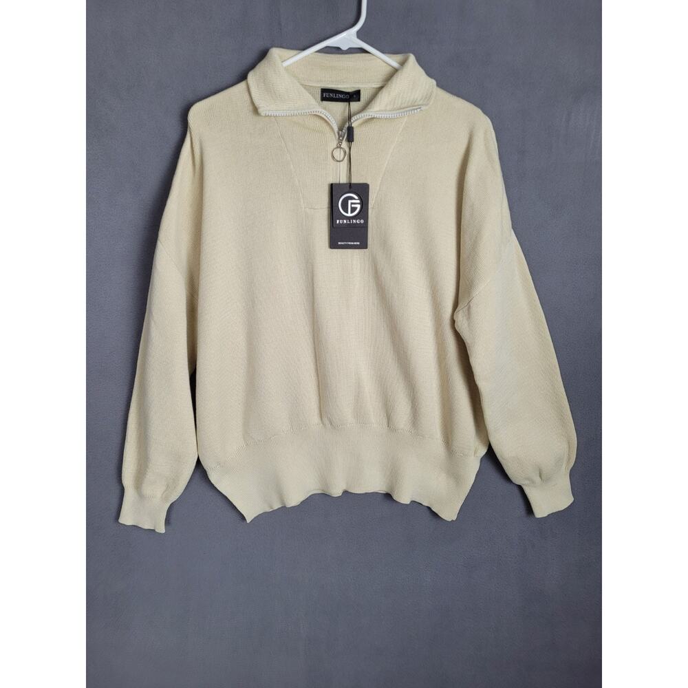 Funlingo Womens Knit Quarter Zip Pullover Sweater Beige Small